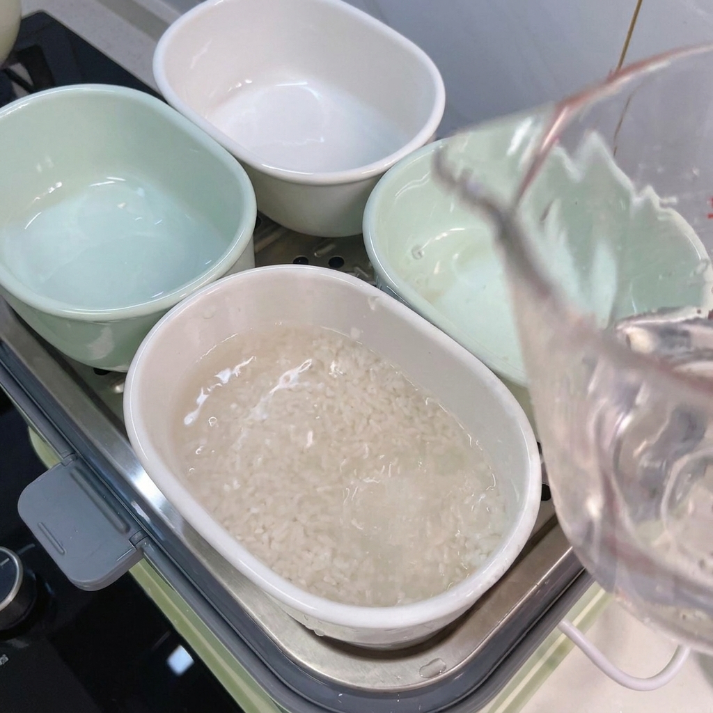 水を張ったお米のボウルに、スライスした紫芋をのせている様子。