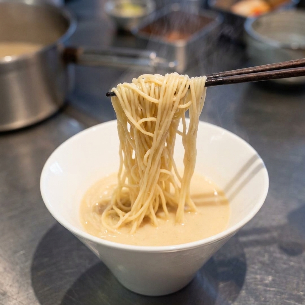 箸で麺を整えながらスープに入れる