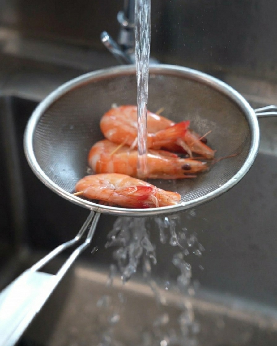 茹でたエビを冷水で洗う