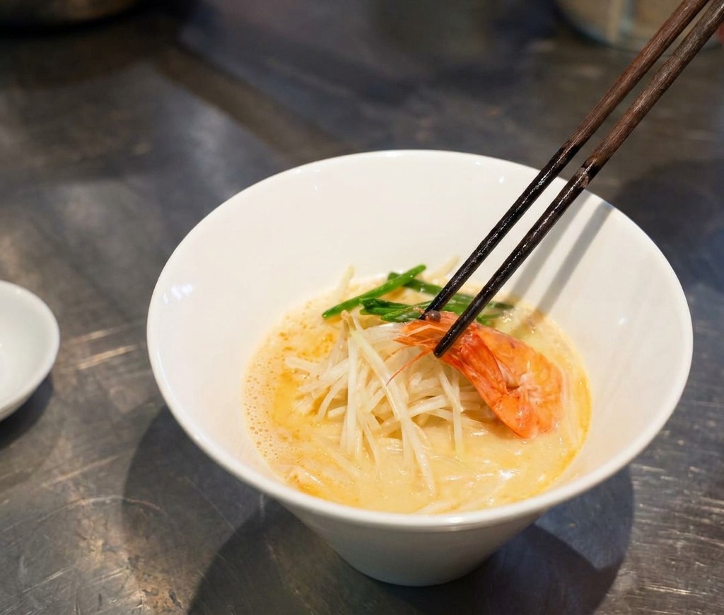 箸でエビをラーメンにのせる