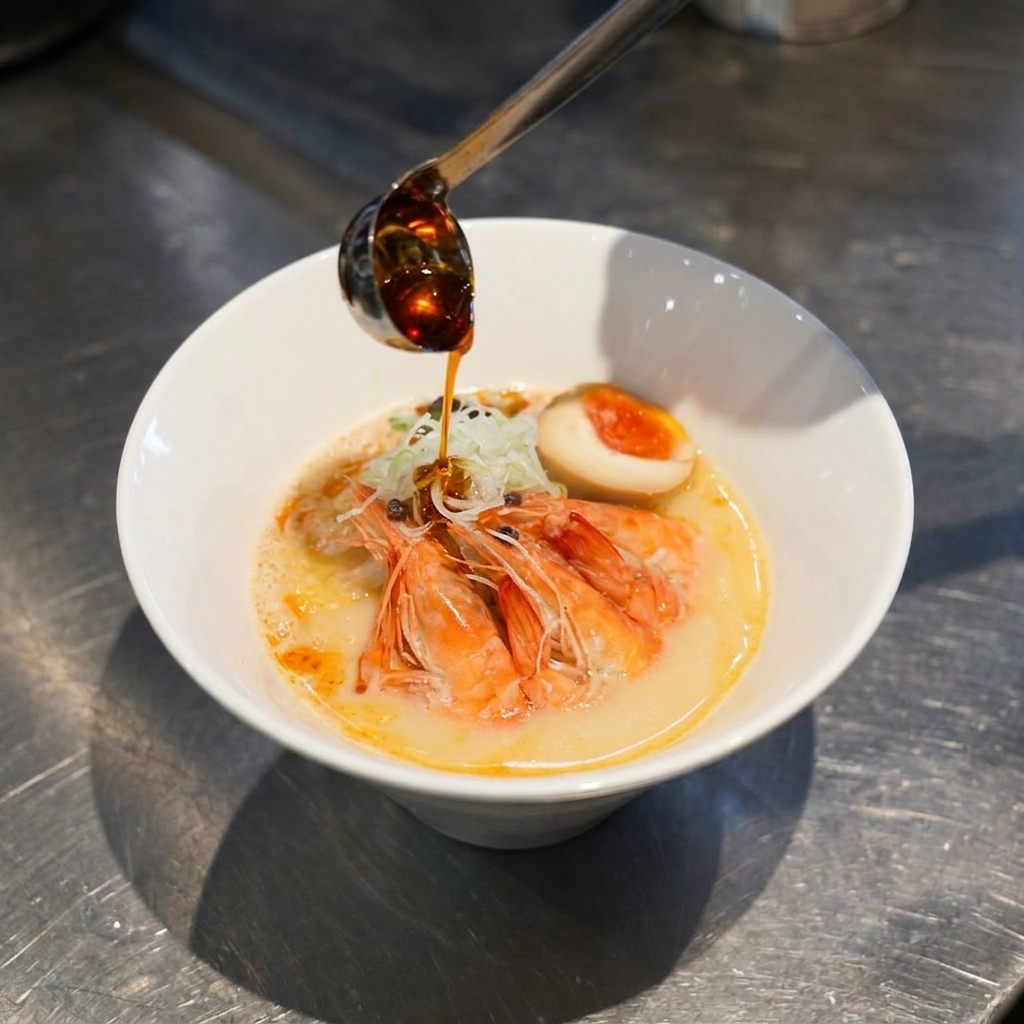 完成したラーメンに仕上げの海老油を垂らす