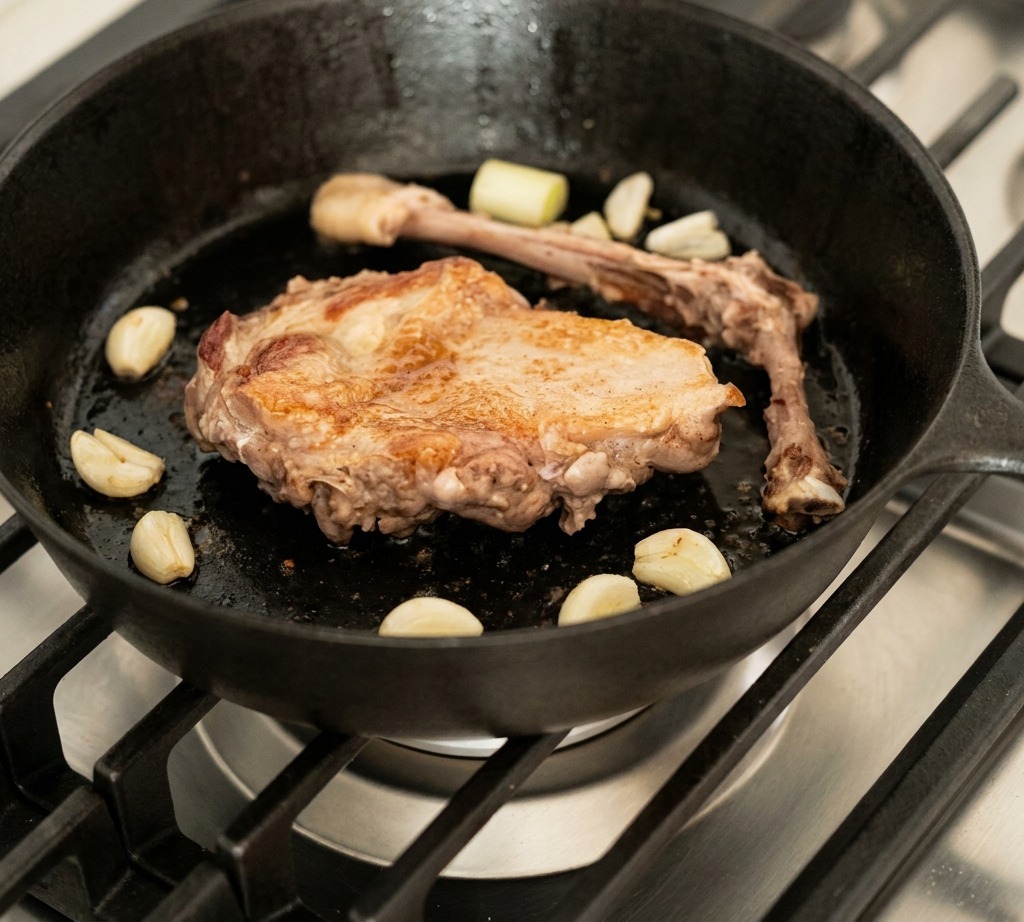 鴨肉の周りにねぎとにんにくを散らして一緒に炒める様子。