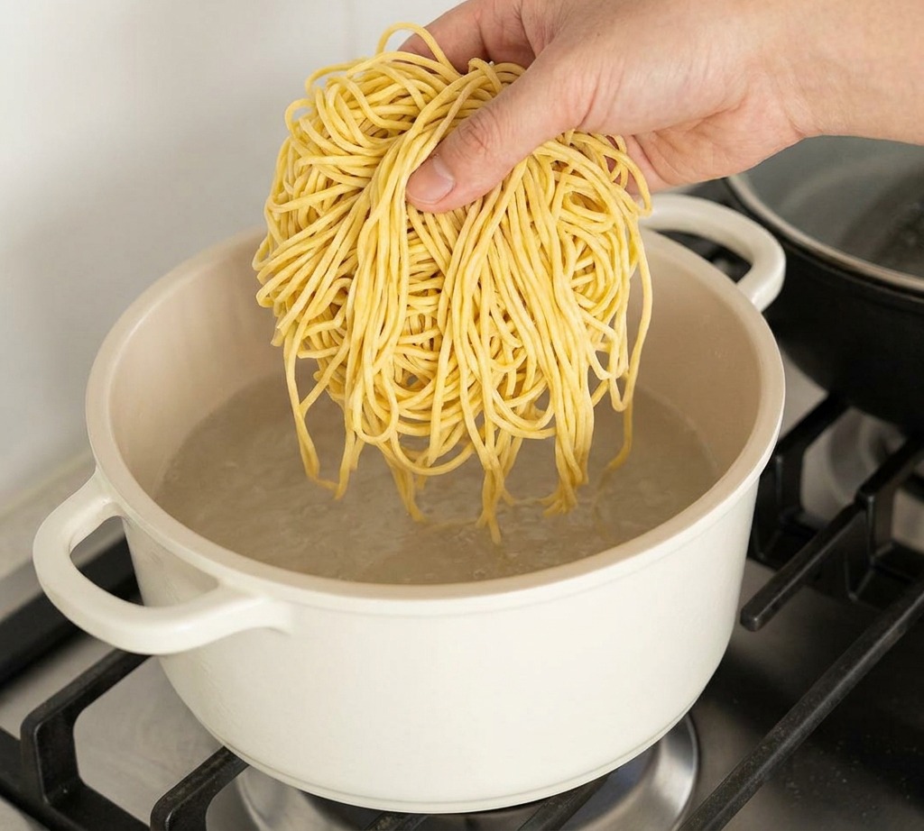 沸騰したお湯に麺の束を入れる様子。