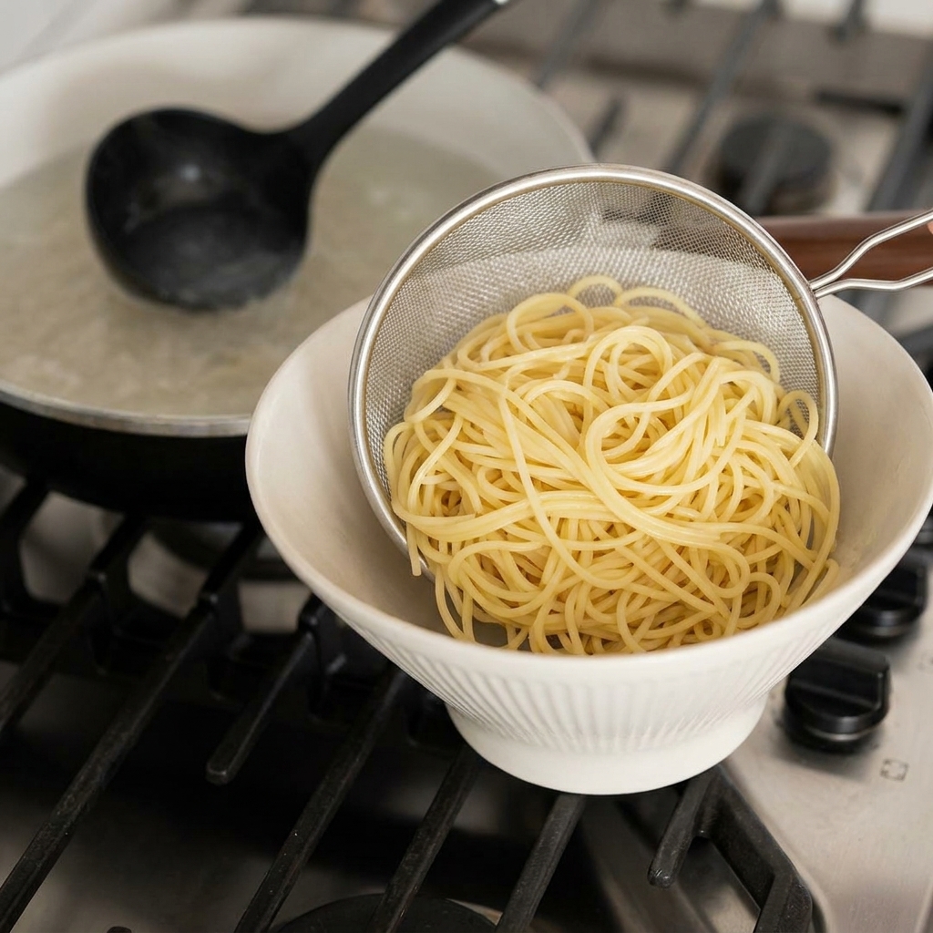 茹で上がった麺をザルで湯切りして器に移す様子。