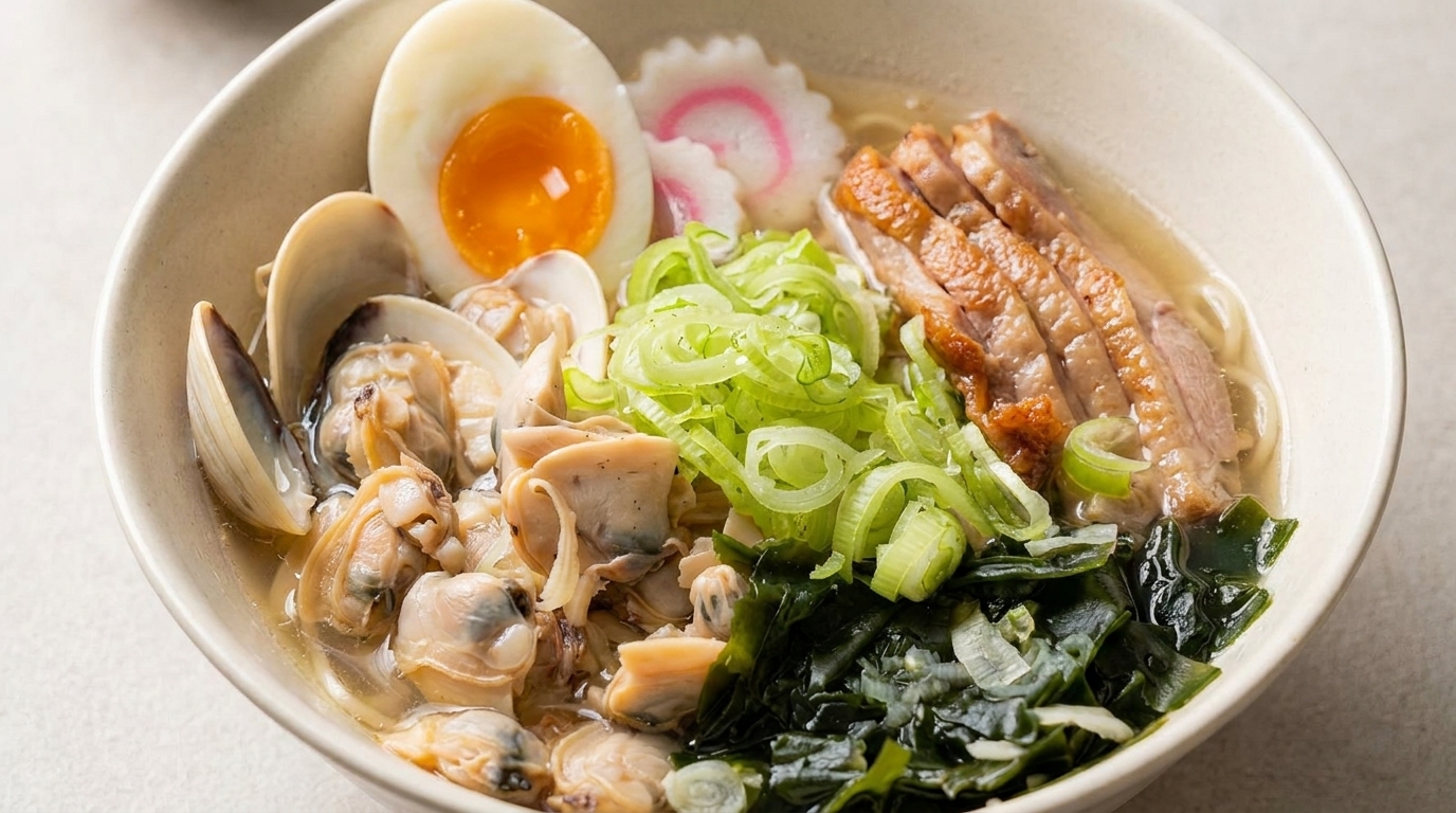 あさりの旨味たっぷり！鴨のソテーを添えた自家製塩ラーメン