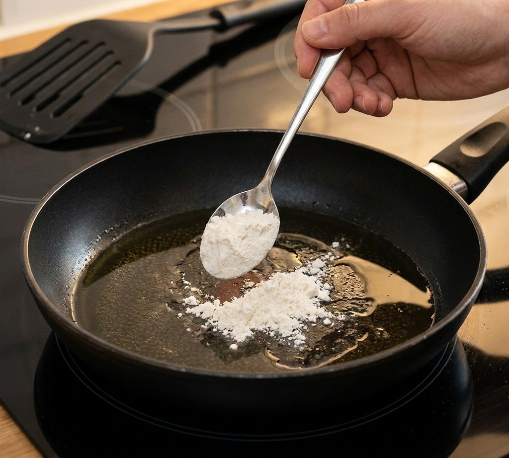 コンロの上の小さなフライパンで、油と小麦粉を混ぜ合わせている様子