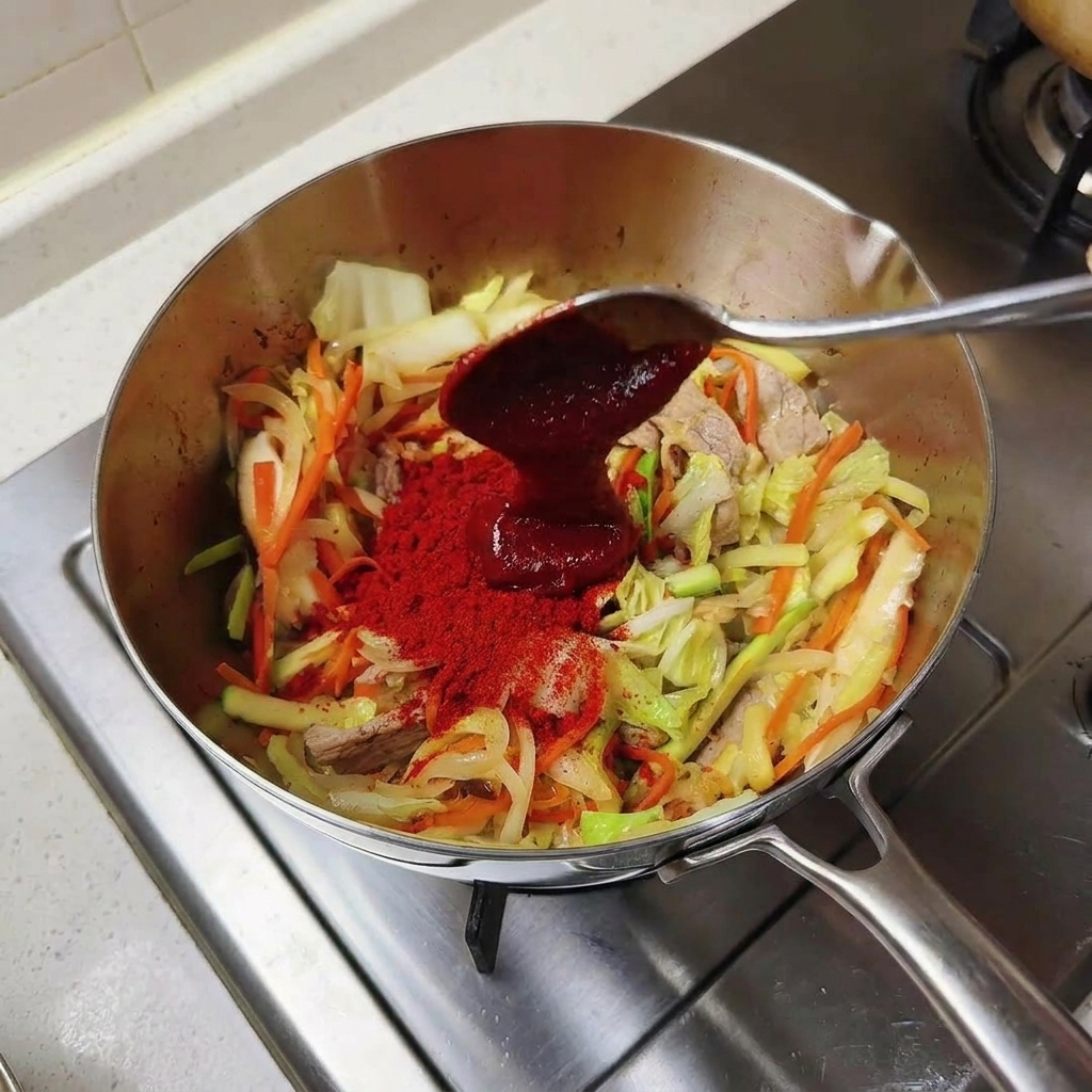 野菜を炒めている鍋に、スプーン一杯のコチュジャンを投入する様子。
