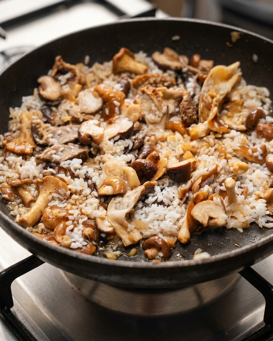 コンロの上のフライパンで、お米、キノコ、調味料がスパチュラで均一に混ぜ合わされている様子。