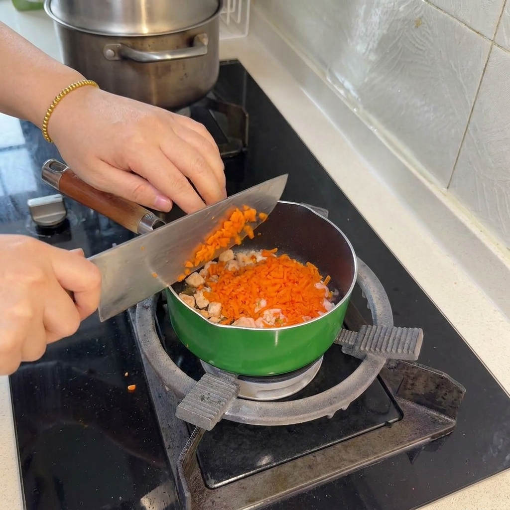 細かく刻んだ明るいオレンジ色のにんじんを、包丁からフライパンの中の焼けた鮭に加えている様子