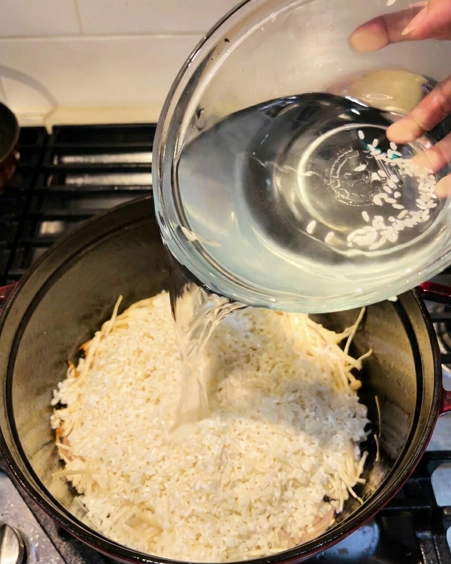 お米と具材が入った鍋に水を注ぎ入れている様子。