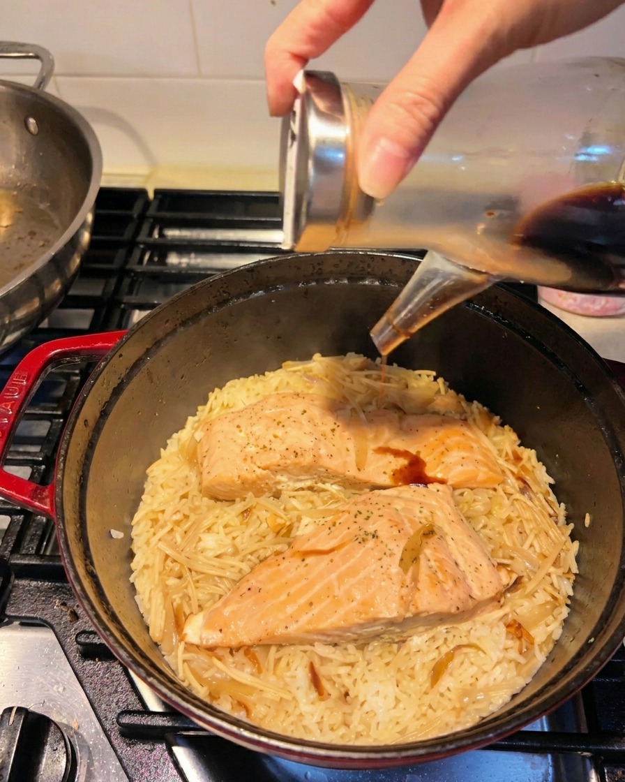 炊き上がったご飯と鮭の上に醤油を回しかけている様子。