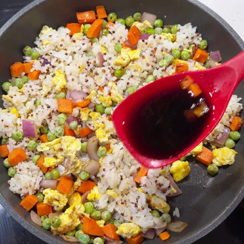 赤いスプーンでチャーハン全体に醤油を回しかけている様子。