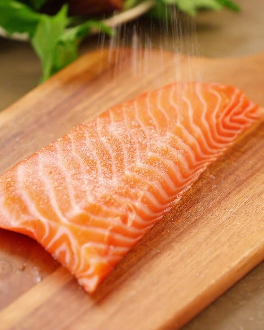 まな板の上の生の鮭に海塩を振りかけている様子。