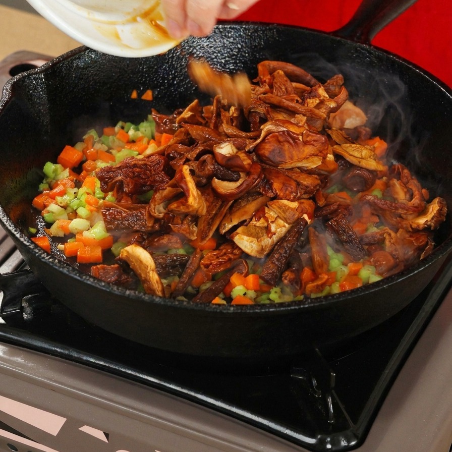 炒めた野菜が入ったフライパンにきのこ類を加える様子。