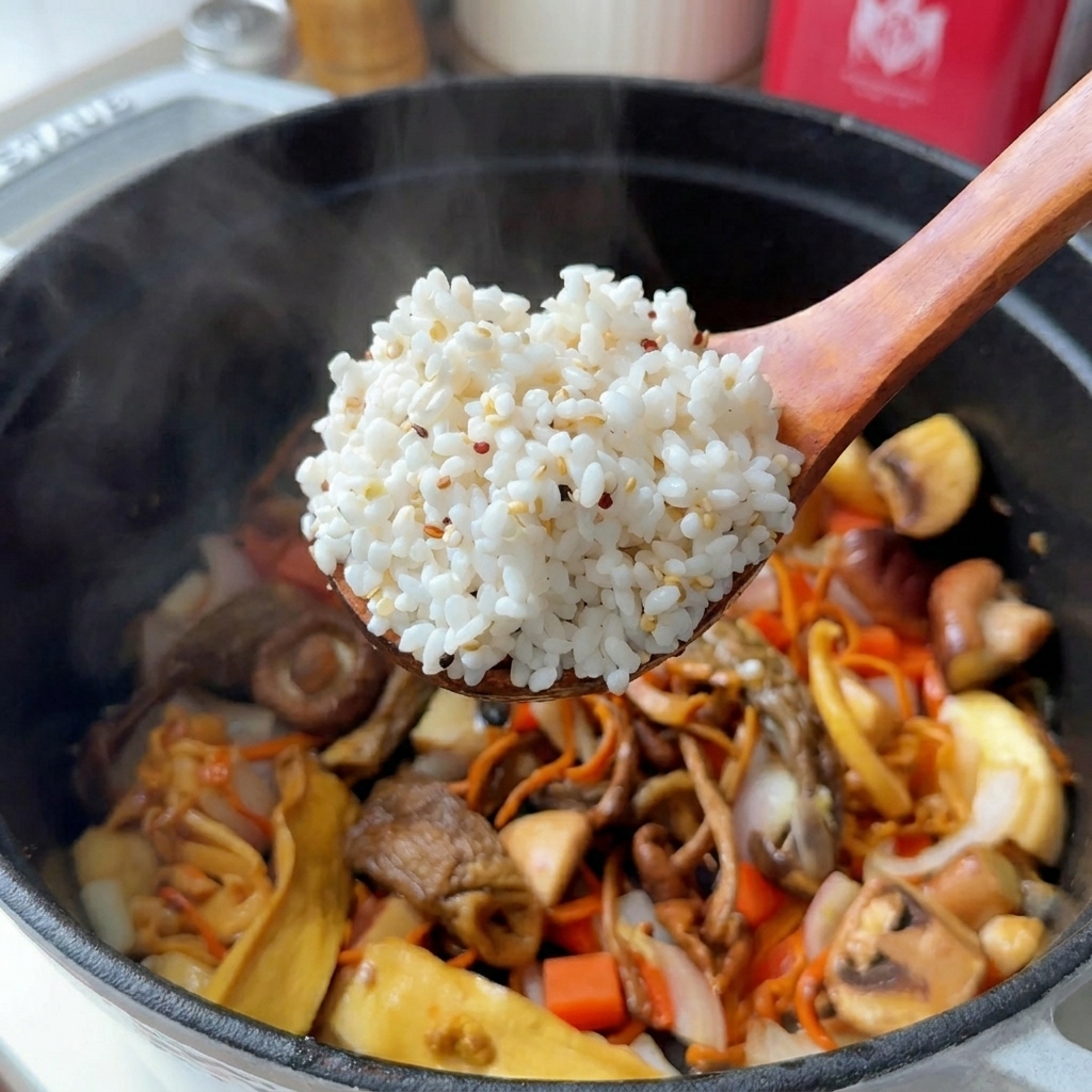 キノコや野菜の入った鍋に米とキヌアを混ぜ合わせている様子。