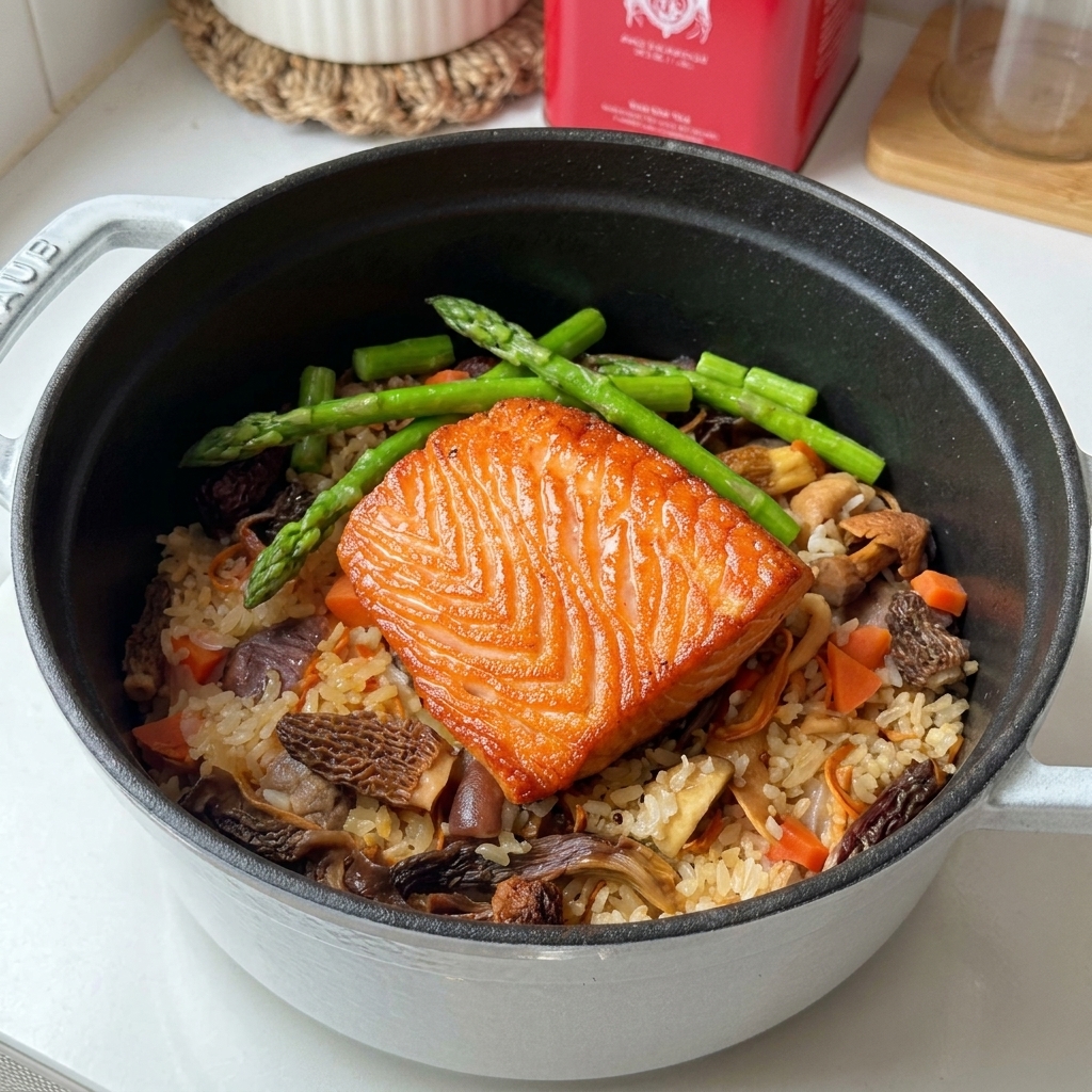 炊き上がったご飯の上に、ソテーした鮭をのせている様子。
