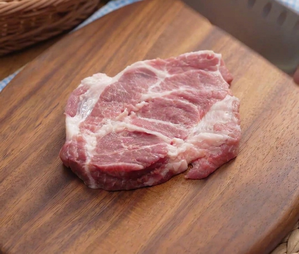 まな板の上で包丁の背を使って豚肉を叩いている様子。