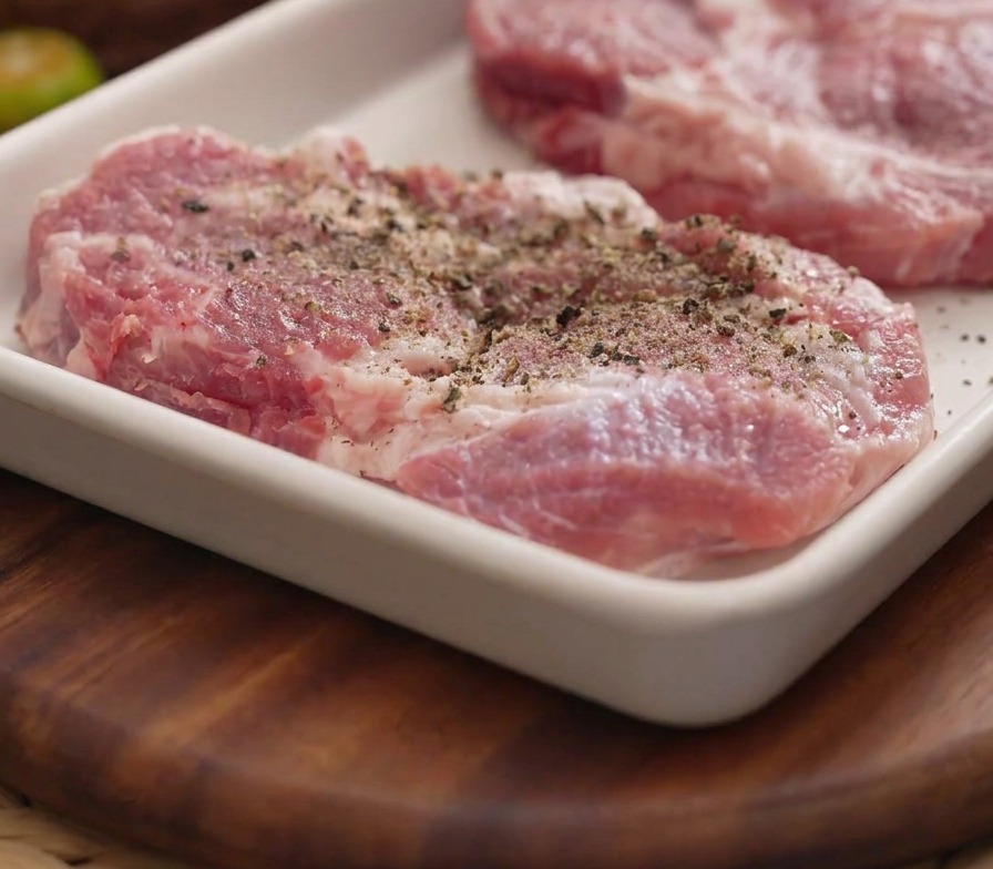 トレイに並べた豚肉に黒胡椒を振っている様子。