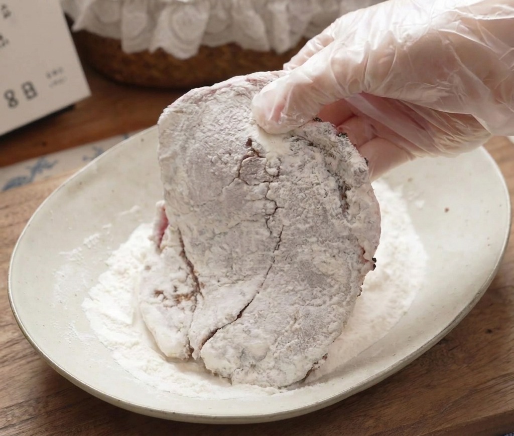 豚肉に小麦粉を丁寧につけている様子。