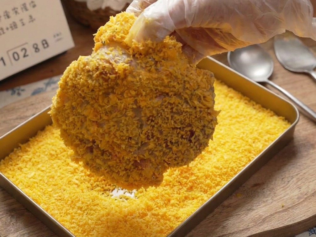 パン粉を豚肉にぎゅっと押し付けて衣を作っている様子。