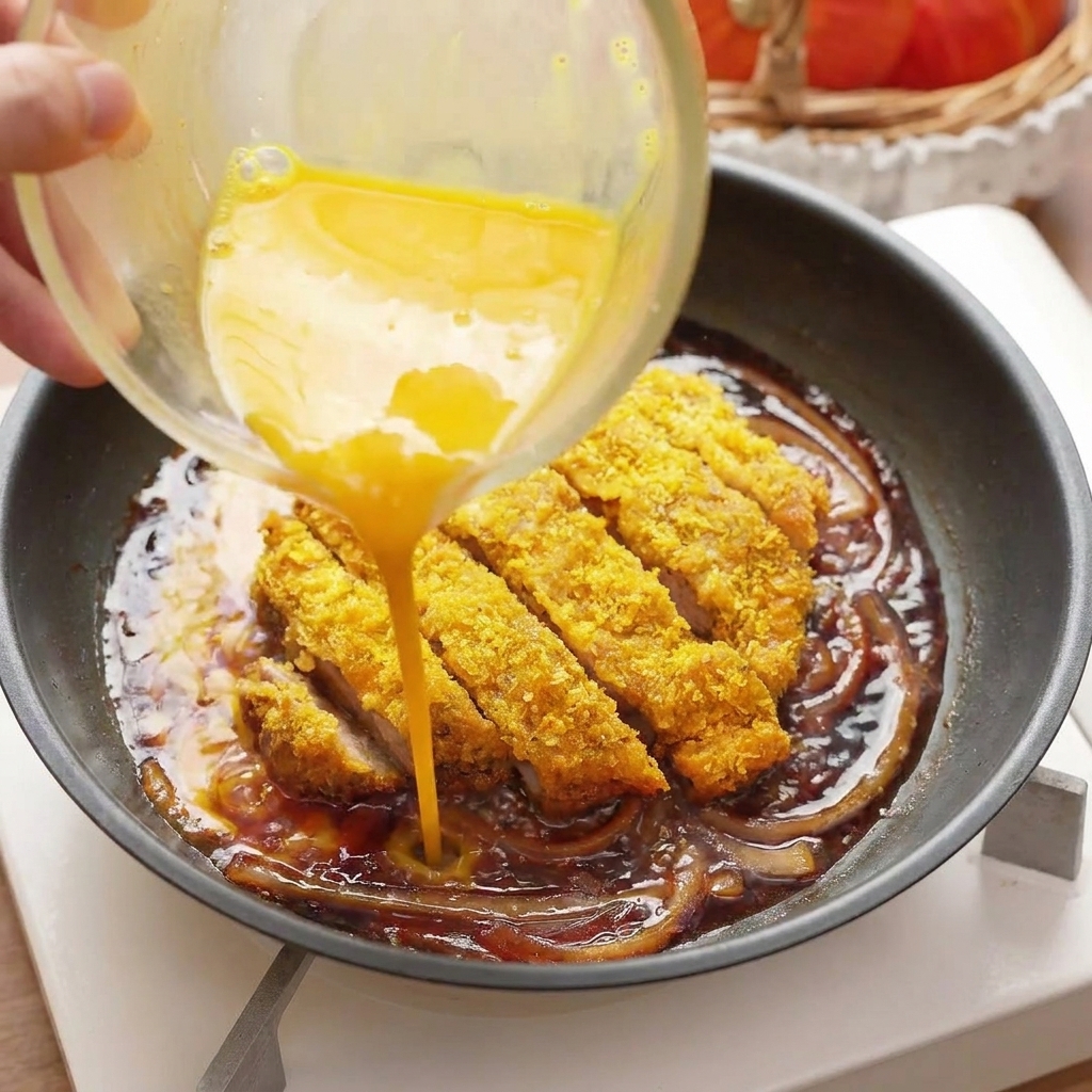カツの周りに溶き卵を流し入れている様子。