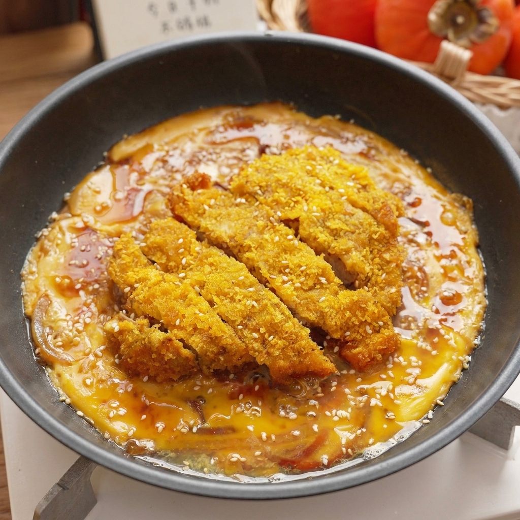 完成したカツ丼をご飯にのせ、ごまを振った仕上がり写真。