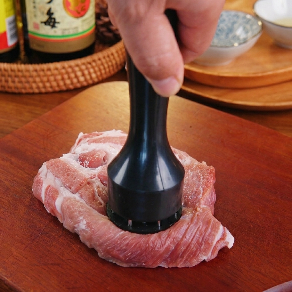 まな板の上で肉叩きを使って豚肉を均一に叩いている様子