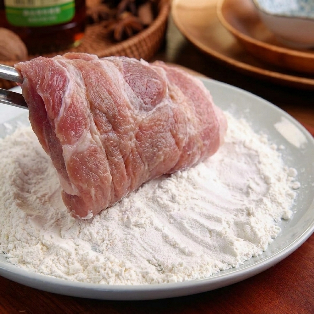 豚肉の表面に薄力粉を薄く丁寧にまぶしている様子