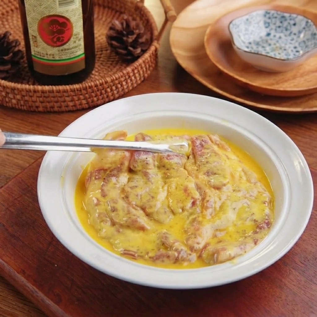 小麦粉をつけた豚肉を溶き卵に浸している様子