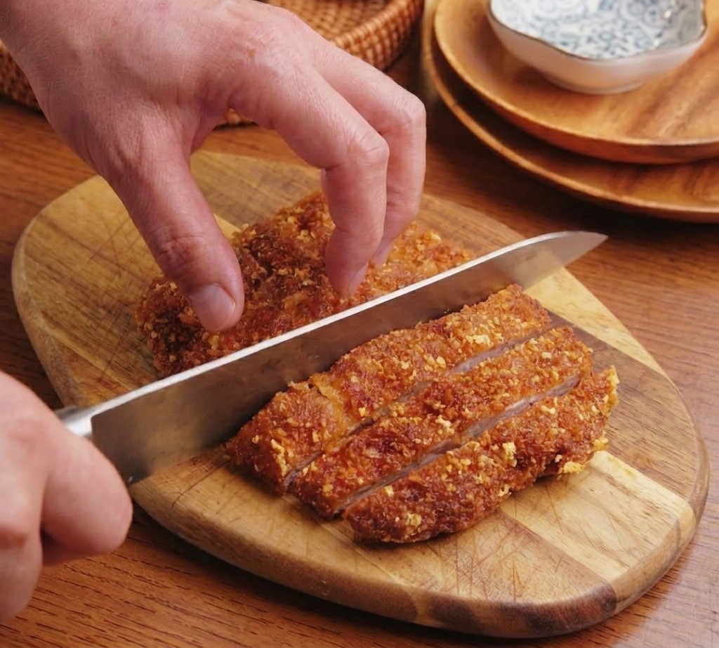 揚げたてのトンカツを包丁で均等に切り分けている様子