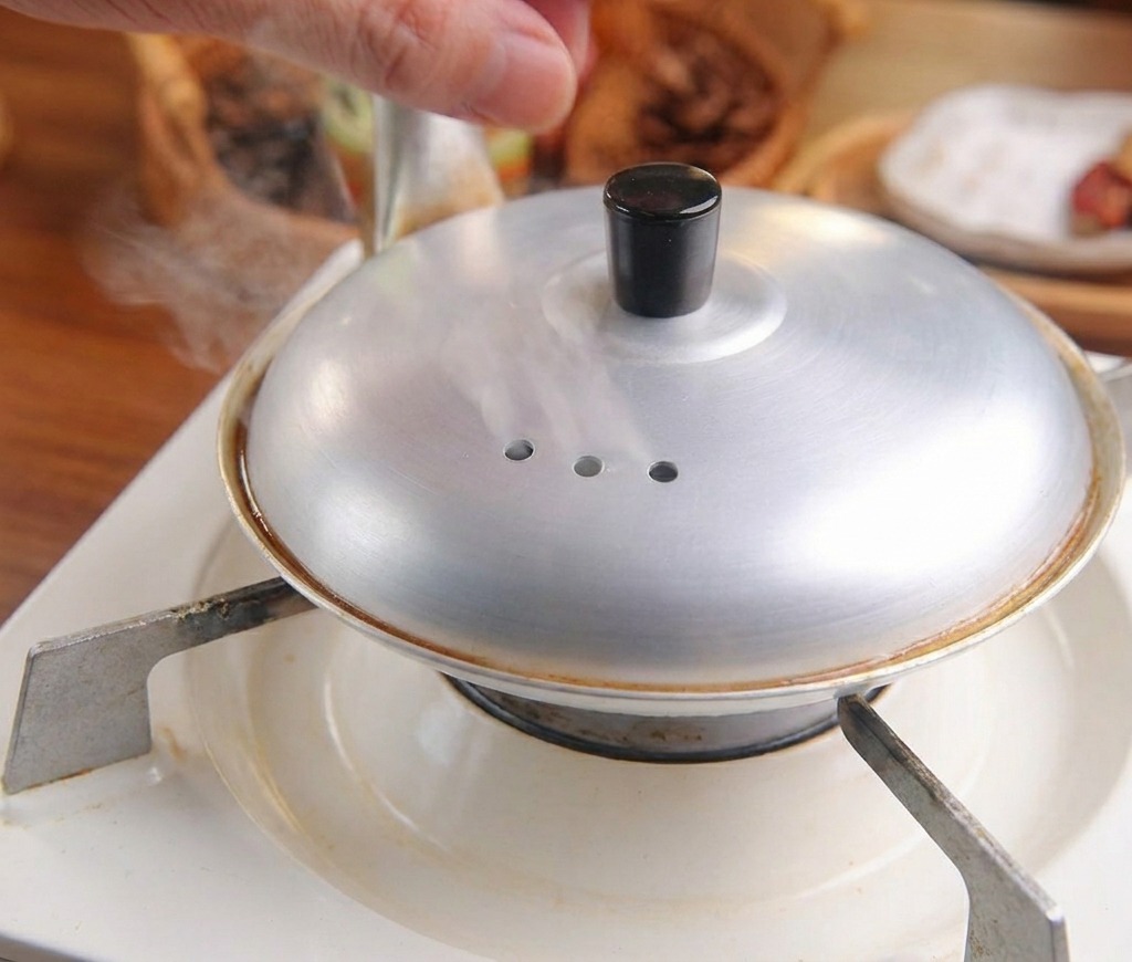 鍋に蓋をして卵を半熟状に蒸らしている様子
