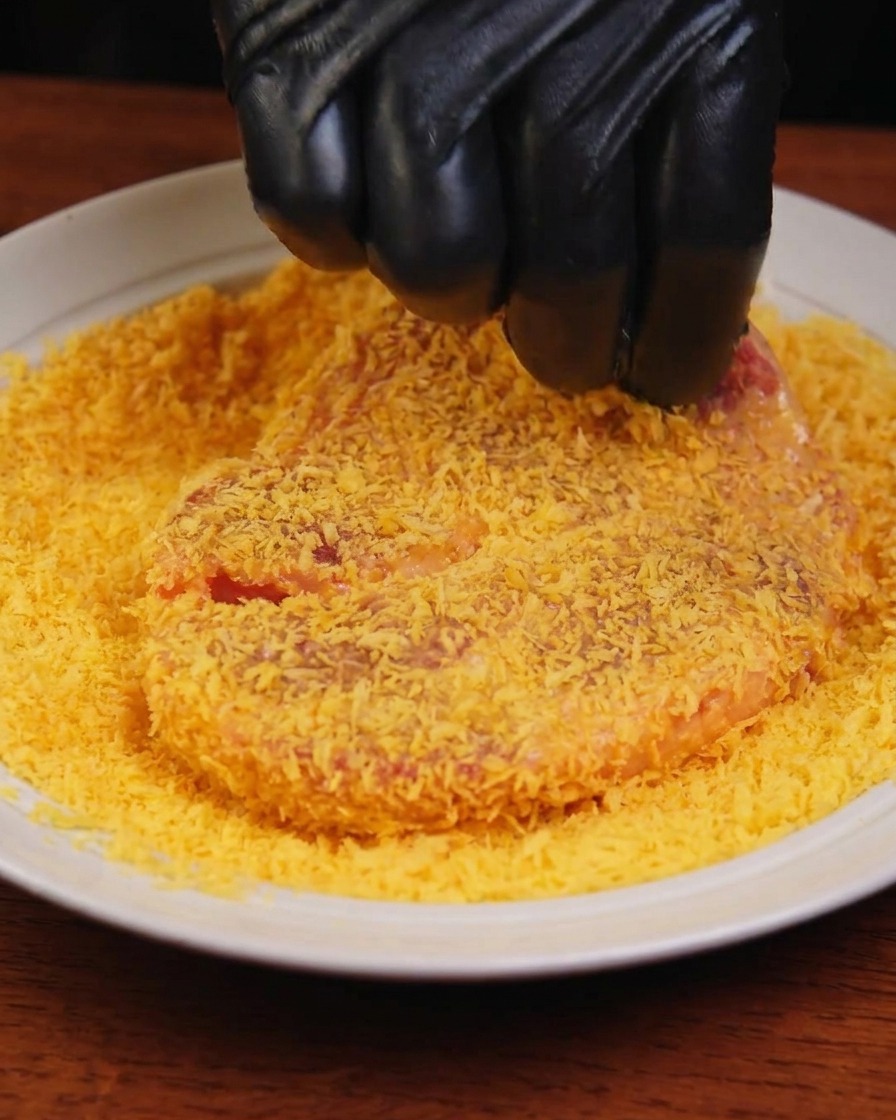 白い皿に広げられたパン粉の中に、豚肉を押し当てて衣をつけている様子。