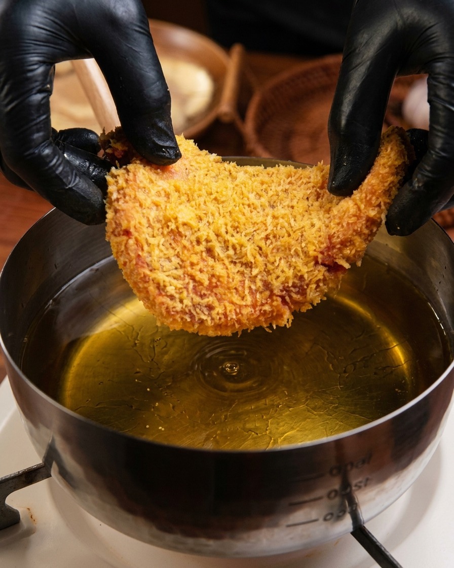 熱い油が入った鍋に、パン粉をつけた肉を静かに入れている様子。