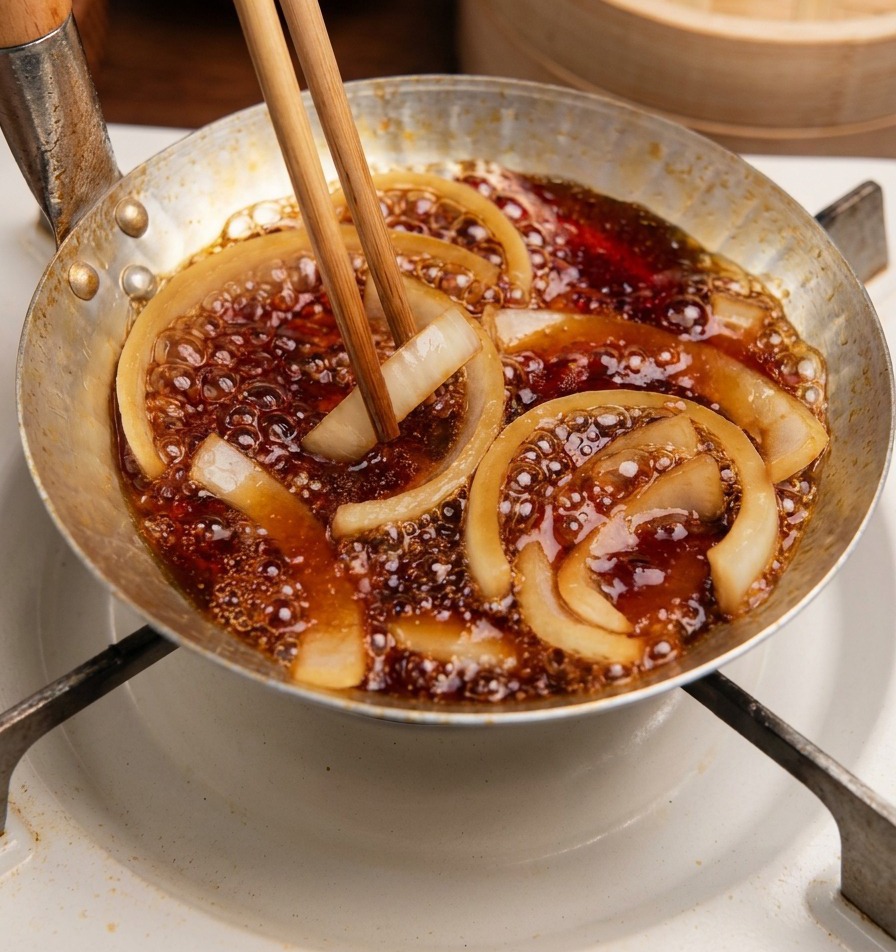 沸騰したタレの中に、スライスした玉ねぎを菜箸で加えている様子。