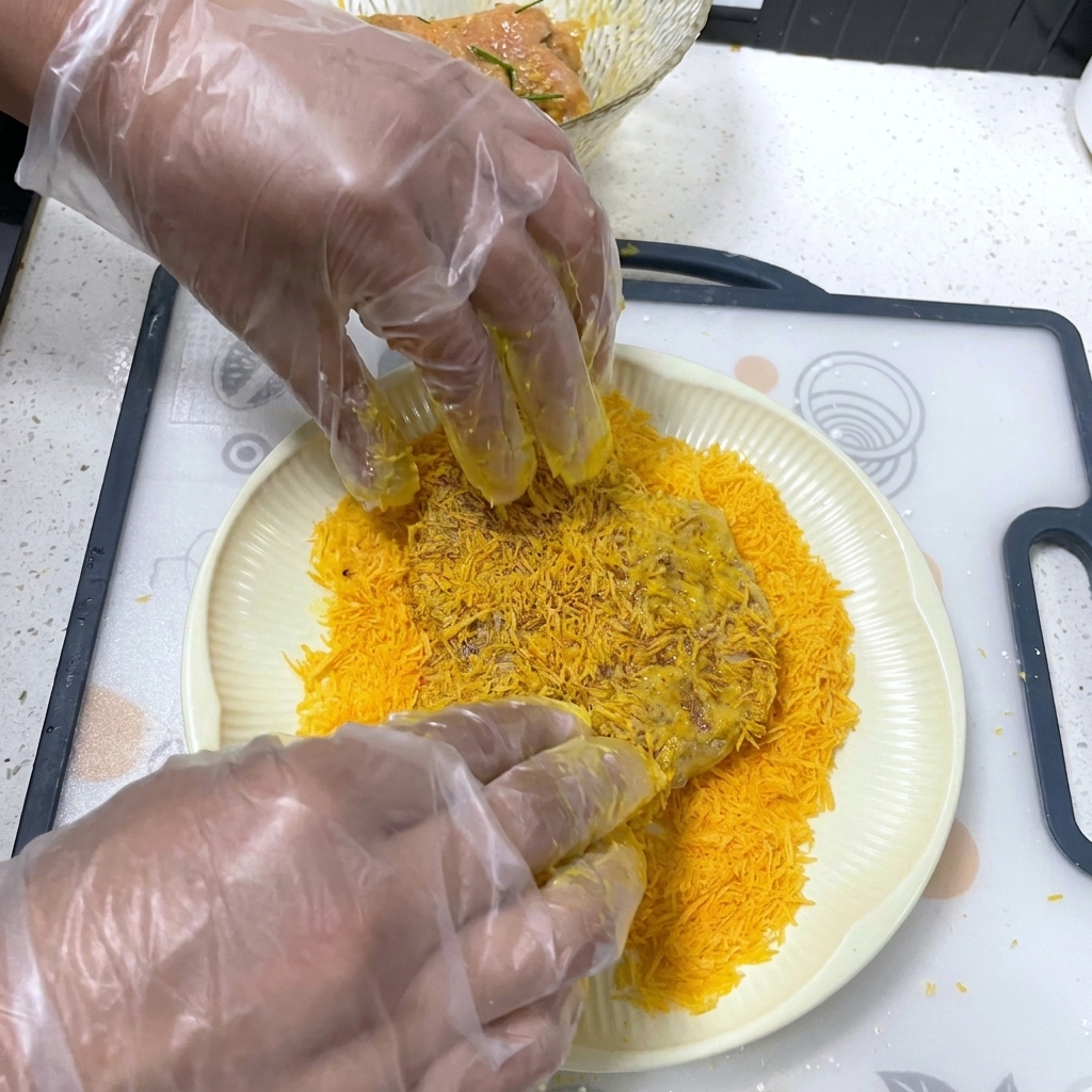 たっぷりのパン粉の上に肉を置き上から手でしっかり押さえている様子