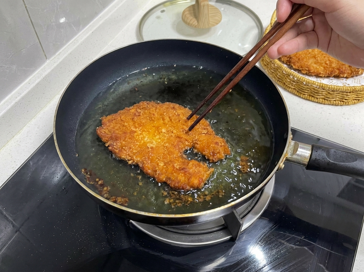油の温度を上げてカラッと二度揚げされ濃い黄金色になったとんかつ