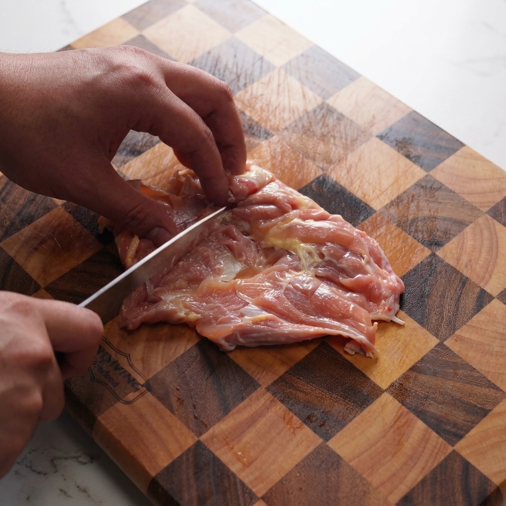 木のまな板の上で、生の鶏もも肉の身の方に包丁で斜めに浅い切り込みを入れているクローズアップ写真。