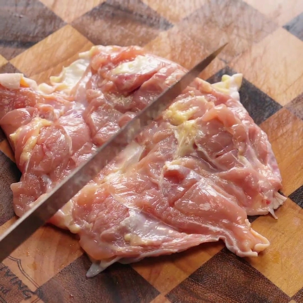 チェック柄の木製まな板の上で、包丁の背を使って生の鶏もも肉を叩いて平らにしている様子。