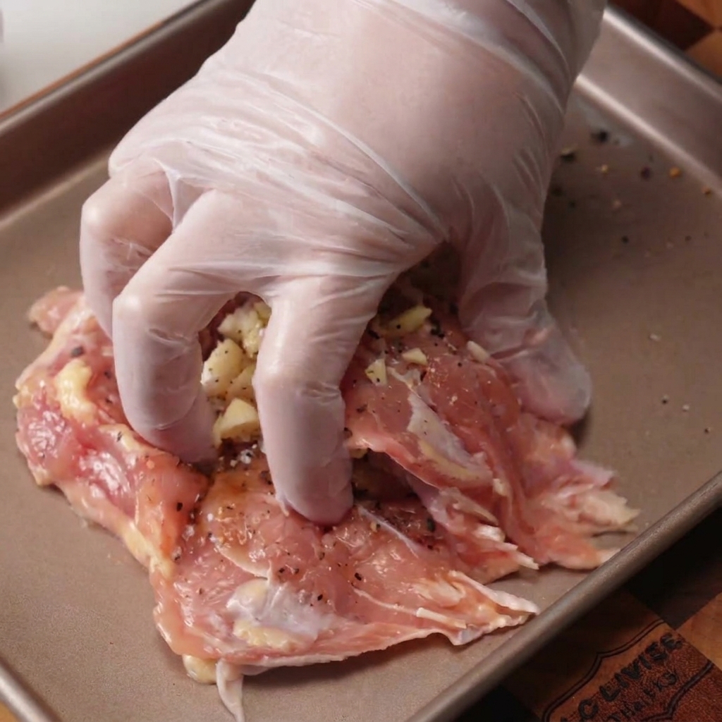 金属製のトレイで、手袋をした手が鶏もも肉におろしにんにくと黒こしょうを揉み込んでいる様子。