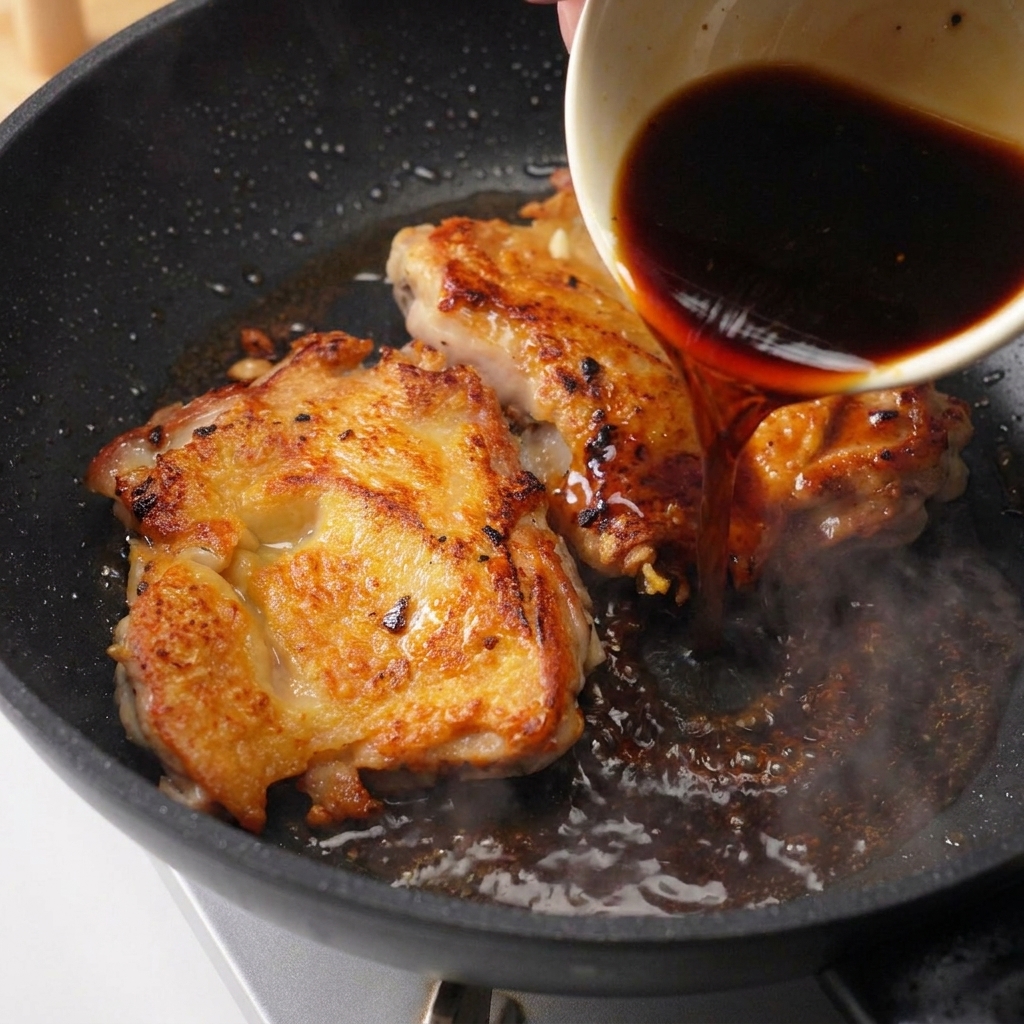 フライパンで焼いている2枚の鶏もも肉の上に、白い器から濃い茶色のタレを注いでいる様子。