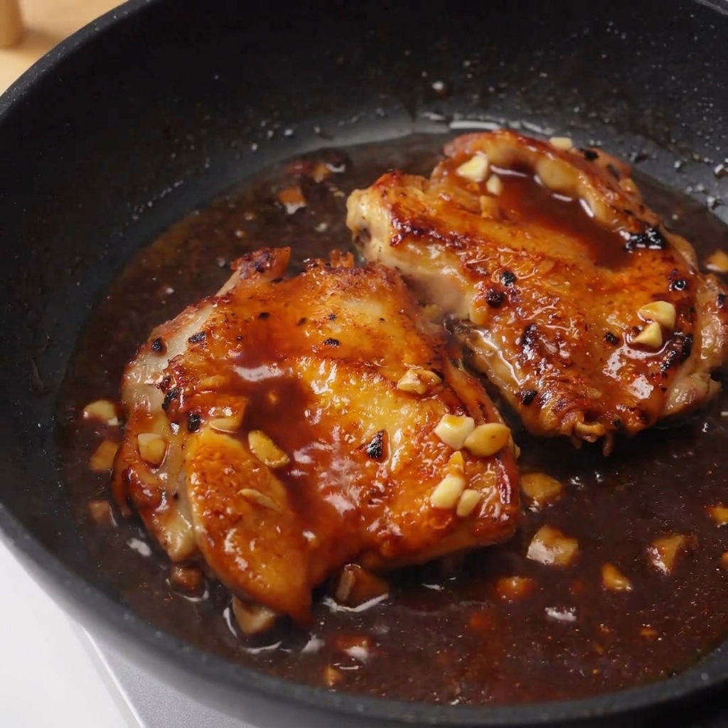 フライパンの中で、煮詰まった濃厚なタレをスプーンですくい、鶏肉の上に回しかけている様子。