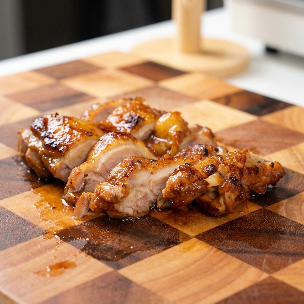 まな板の上で、照り焼きにした鶏肉を一口大の細切りにカットしている様子。