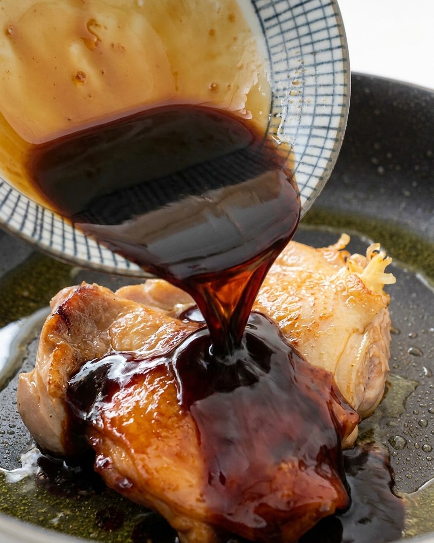 焼き色のついた鶏肉に、ボウルからハニーソースを注いでいる様子。