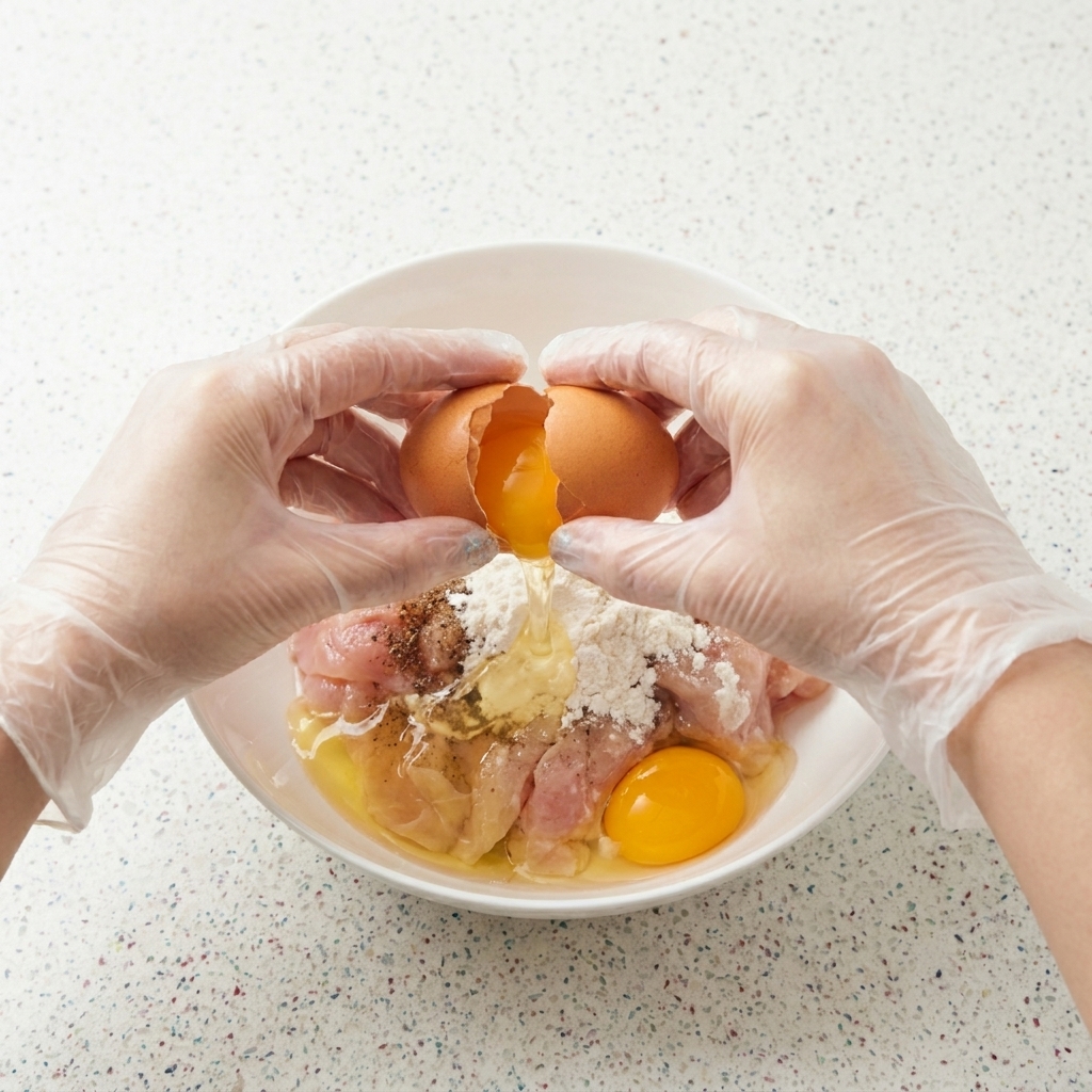 鶏肉、コーンスターチ、黒こしょうが入ったボウルに、卵を割り入れている様子