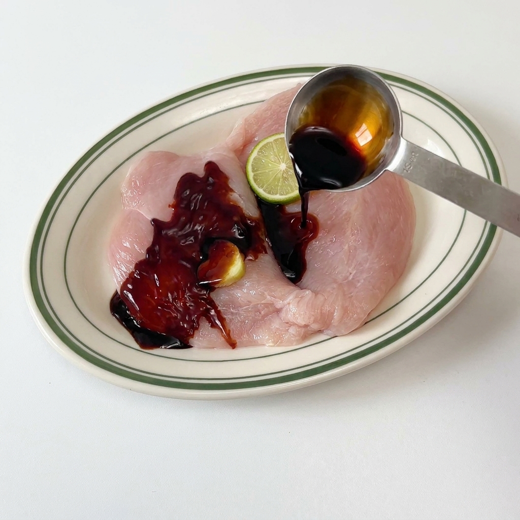 生姜と調味料でマリネした鶏肉に醤油を回しかけている様子
