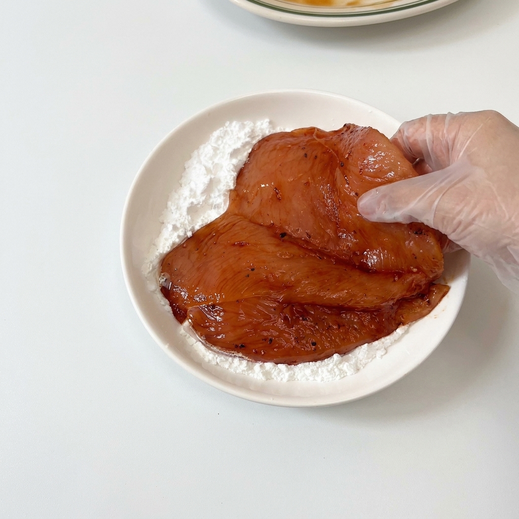 鶏肉に片栗粉を満遍なくまぶしている様子