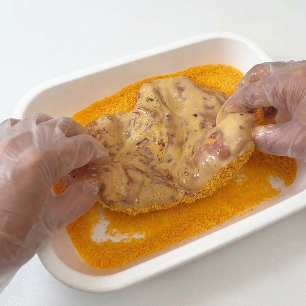 パン粉を鶏肉にしっかりと押し付けている様子
