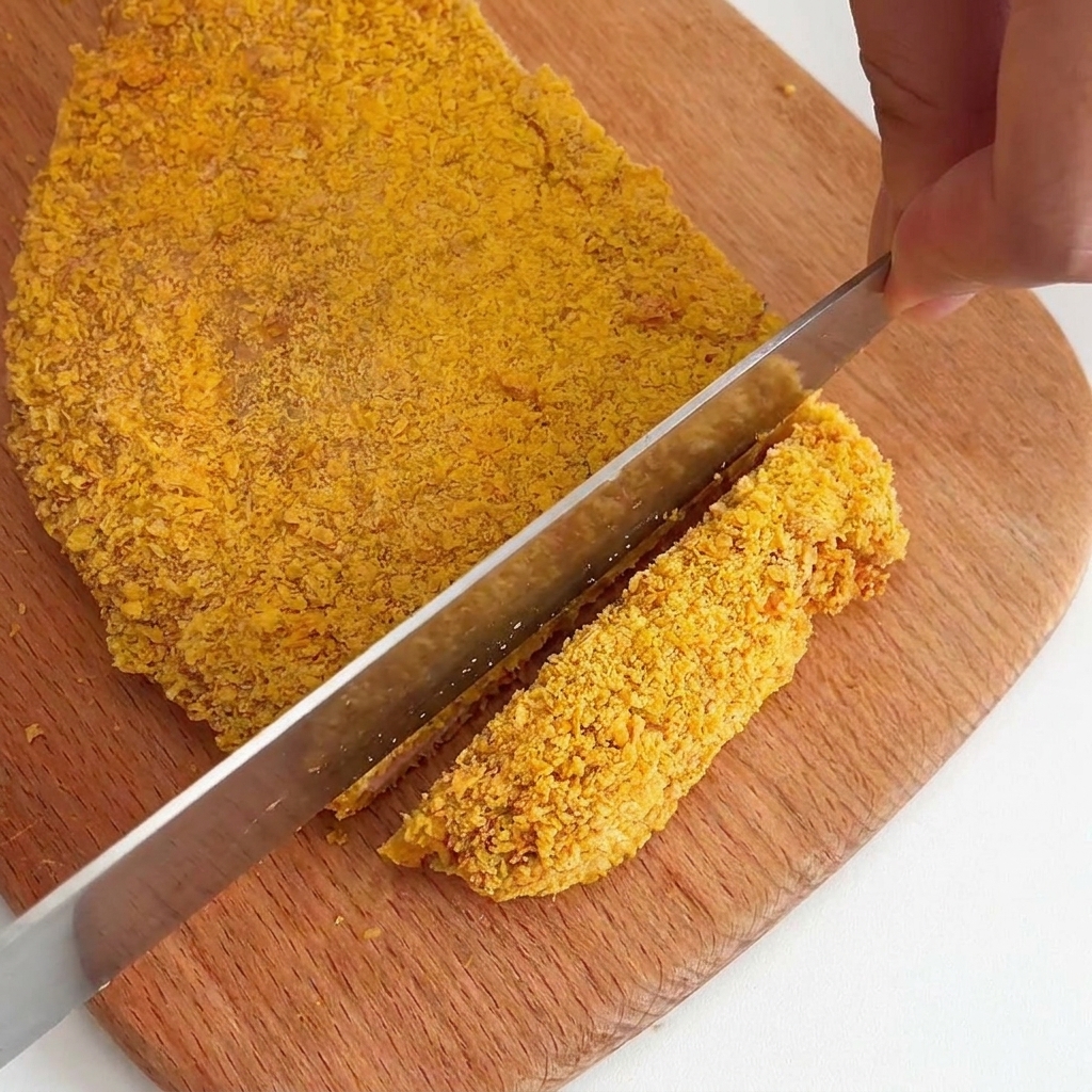焼き上がったチキンカツを食べやすい大きさに切る様子