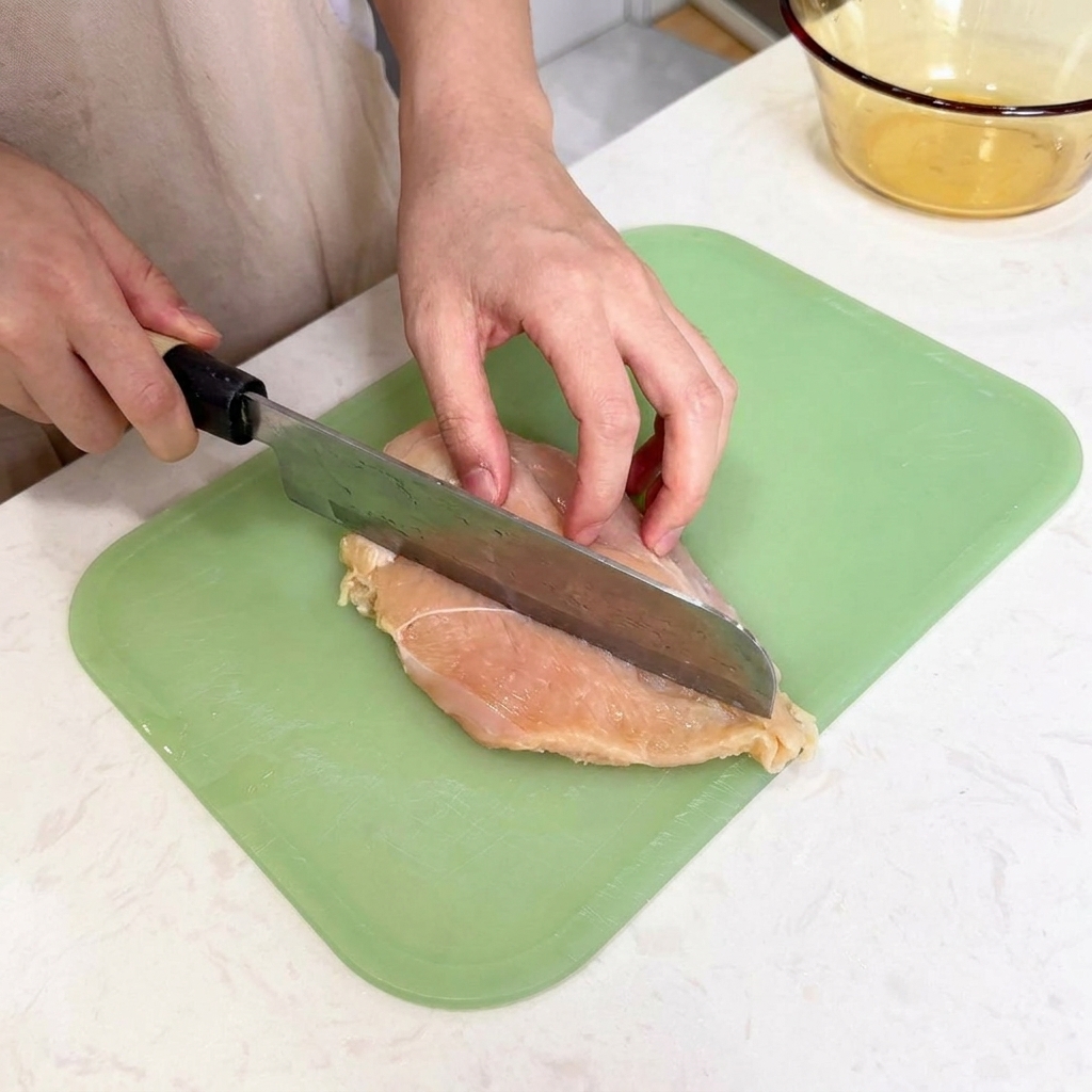 鶏むね肉をまな板に置き、包丁を水平に入れて横から切り込みを入れている様子。