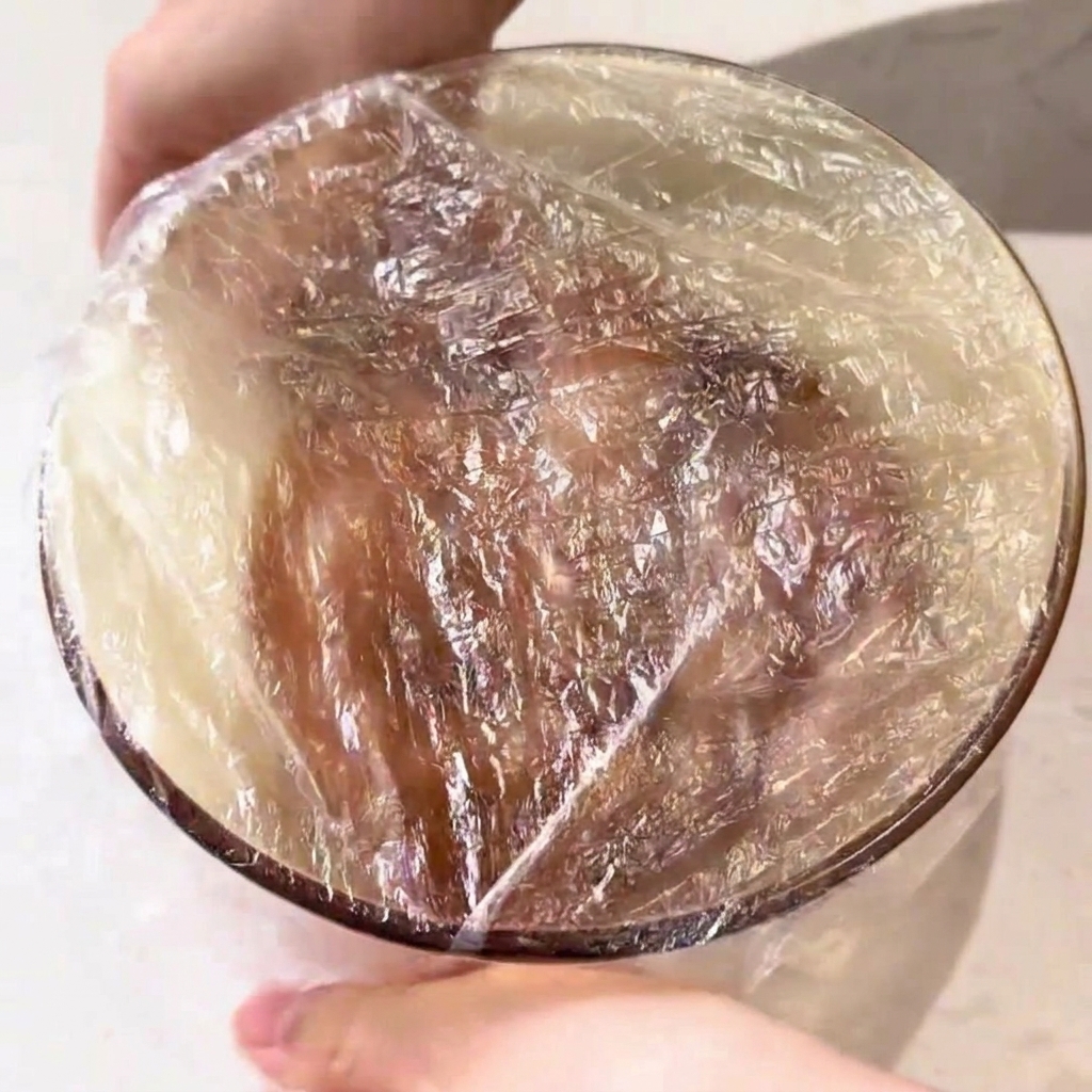 下味をつけた鶏肉が入ったボウルに、ラップがぴっちりと掛けられている様子。